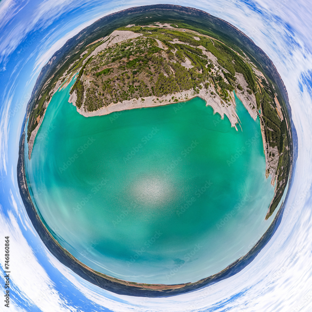 Fototapeta premium 360 panorama view of Yesa reservoir with ruins of abandoned village of Tiermas in Spain, Summer 2023