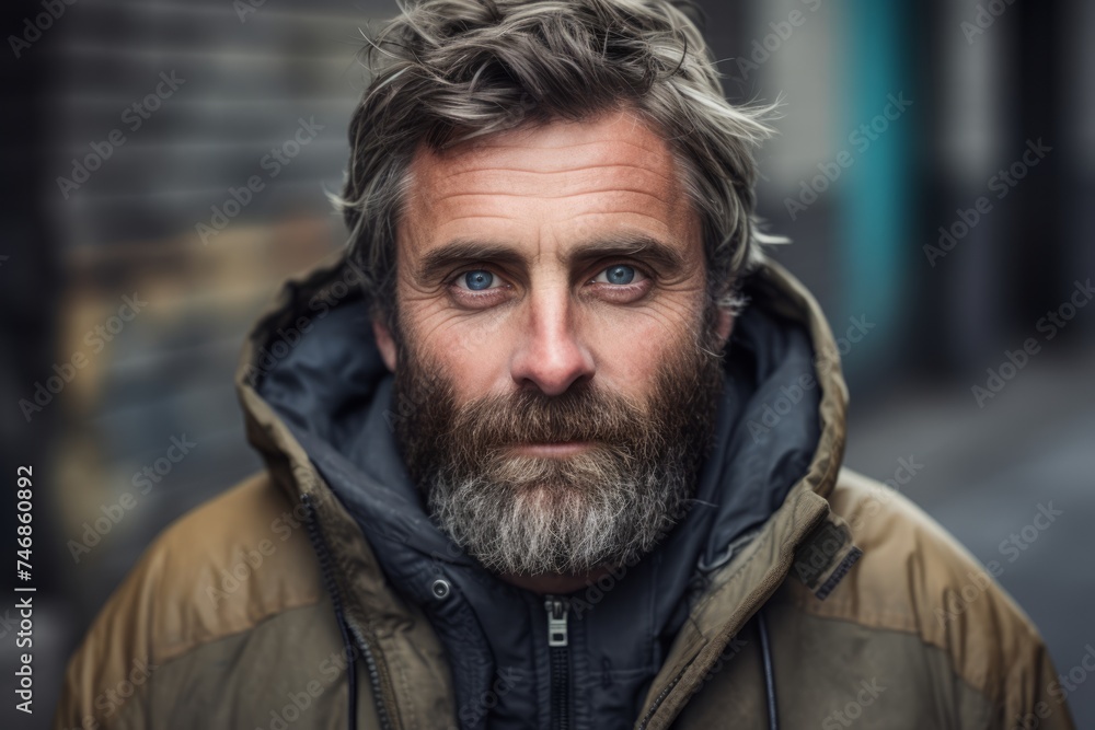 Portrait of a handsome man with long gray beard and mustache in a jacket on the street Portrait of a handsome man with long gray beard and mustache in a jacket on the street