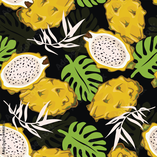Yellow dragon fruit seamless pattern on a black background with exotic leaves. Perfect for wallpaper, food wrapping paper, fabric, background etc