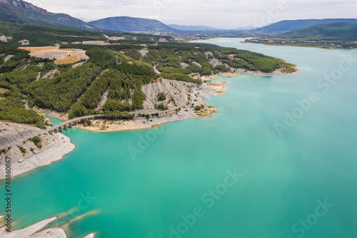 Aerial view of Yesa reservoir by Tiermas in Spain, Summer 2023