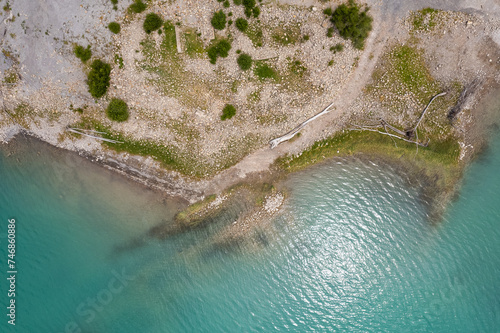 Aerial view of ruins of Roman bath on Yesa reservoir near Tiermas village in Spain, Summer 2023 photo