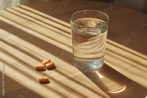 glass of water and pill on a wooden table with warm lighting, healthcare and wellness concept