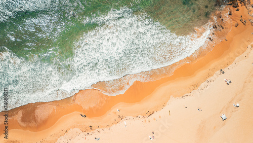 Stunning ocean view of the waves and beach in the Northern Beaches of NSW  Sydney  Australia. The view was captured from above using a drone.