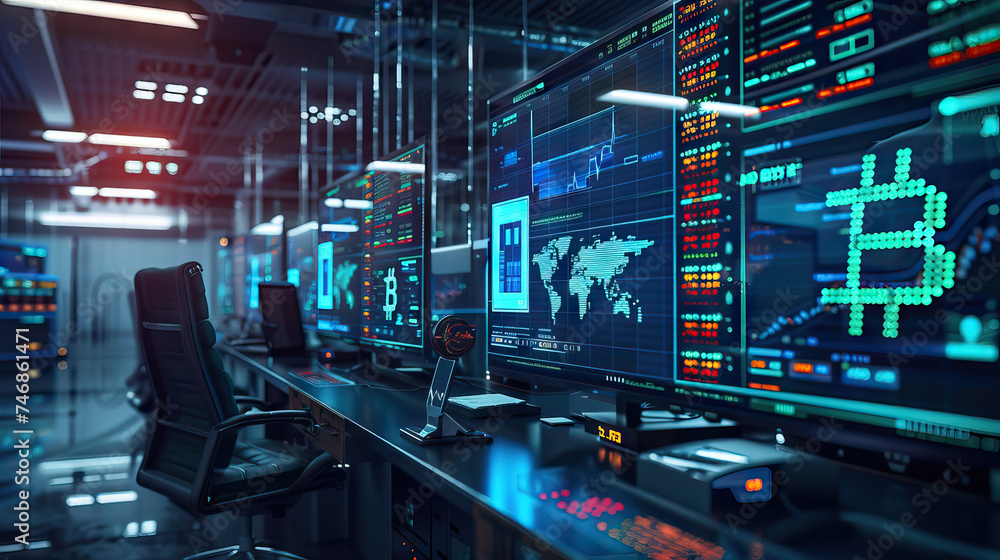 Blockchain Innovation Center Set with Crypto Trading Desks, Blockchain Servers, and Digital Wallets. Concept of Blockchain Technology and Cryptocurrency Blockchain Innovation Center Set with Crypto Trading Desks, Blockchain Servers, and Digital Wallets. Concept of Blockchain Technology and Cryptocurrency