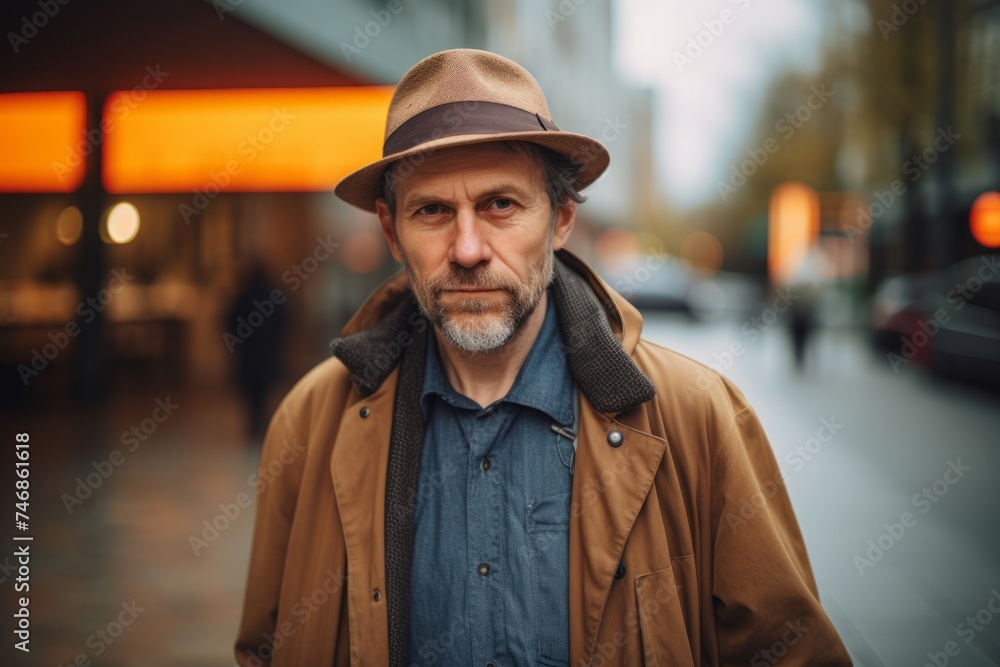 Portrait of a senior man in a hat and coat on the street