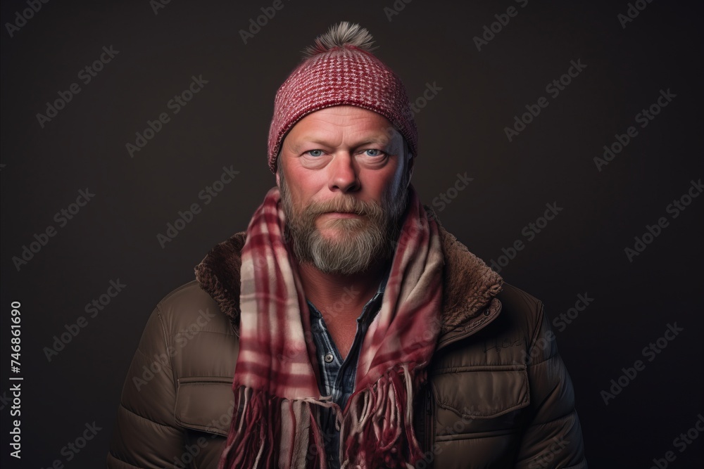 Portrait of a bearded man wearing a warm hat and scarf. Portrait of a bearded man wearing a warm hat and scarf.