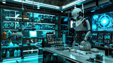 Artificial Intelligence Research Lab Set with Robotics, Neural Networks, and AI Algorithms. Concept of AI Development and Technology Ethics.