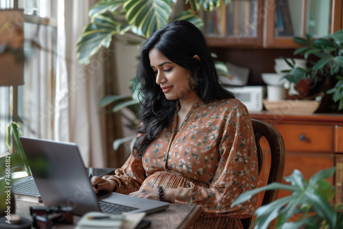 Professional Pregnant Indian Woman Working on Laptop Working from Home Remote