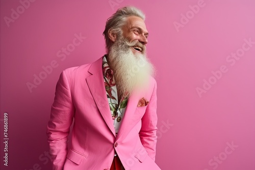 Portrait of a happy senior man with long white beard and stylish hair in a pink suit posing on a pink background