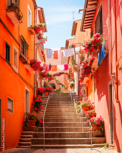 Charming village scene: pastel orange houses, narrow lanes, stairs, sunny summer festivity.