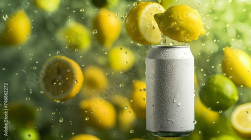 White plain soft-drink can floating, facing camera, whole lemons and limes in the air scattered all hovering in an abstract vibrant space, vibrant background, tropical vibes, freeze motion