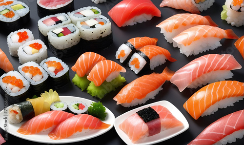 Sushi set, rolls, seafood. Japanese traditional dishes