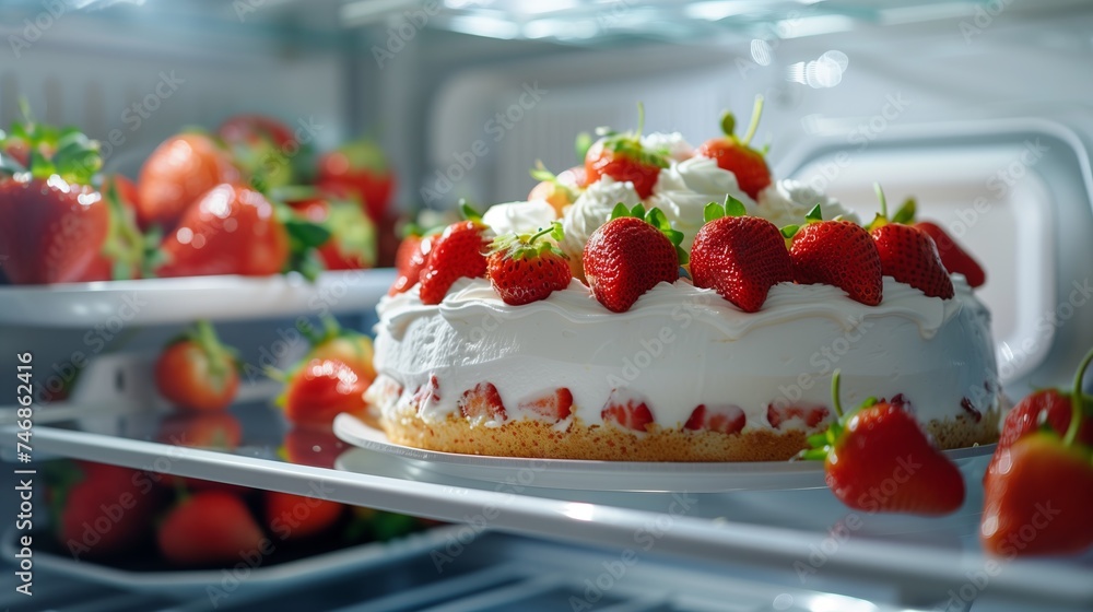 A tray with whipped cream cheese cake and strawberries placed on a shelf inside a refrigerator, center composition, front view A tray with whipped cream cheese cake and strawberries placed on a shelf inside a refrigerator, center composition, front view