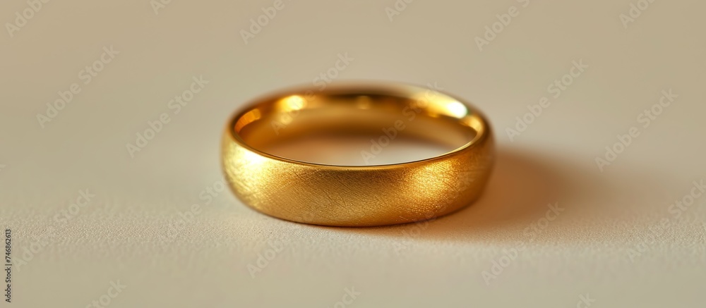 A gold wedding ring made of metal is displayed on a white surface, showcasing its beauty and elegance as a piece of body jewelry. A gold wedding ring made of metal is displayed on a white surface, showcasing its beauty and elegance as a piece of body jewelry.