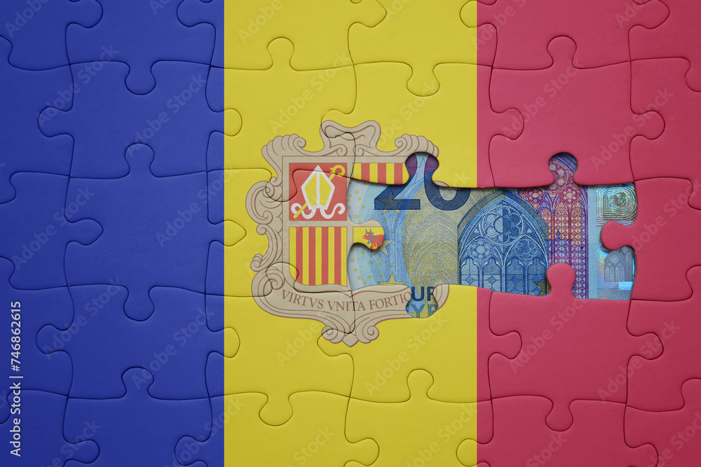 puzzle with the national flag of andorra and euro banknote. finance concept