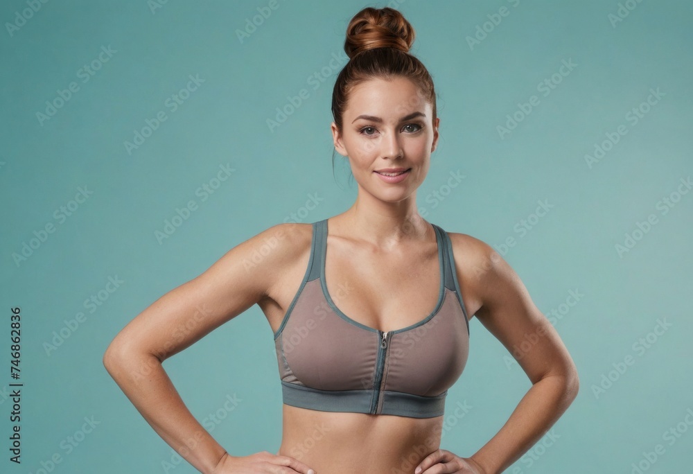 Fototapeta premium Fit woman with a topknot bun, confidently posing in sportswear. Her strong stance exudes determination.