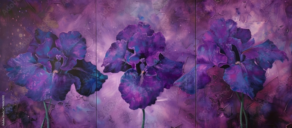 This painting features vibrant purple flowers blooming on a rich purple background. The delicate petals stand out against the bold backdrop, creating a striking visual contrast. - obrazy, fototapety, plakaty 