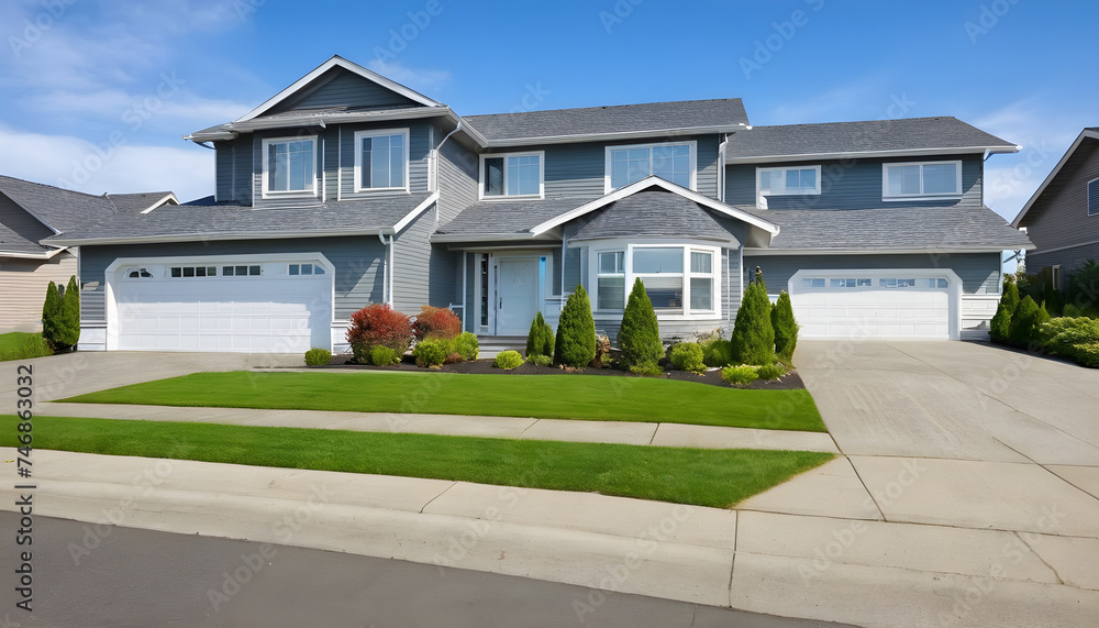 Beautiful exterior of newly built luxury home with yard with green grass and blue sky - obrazy, fototapety, plakaty 