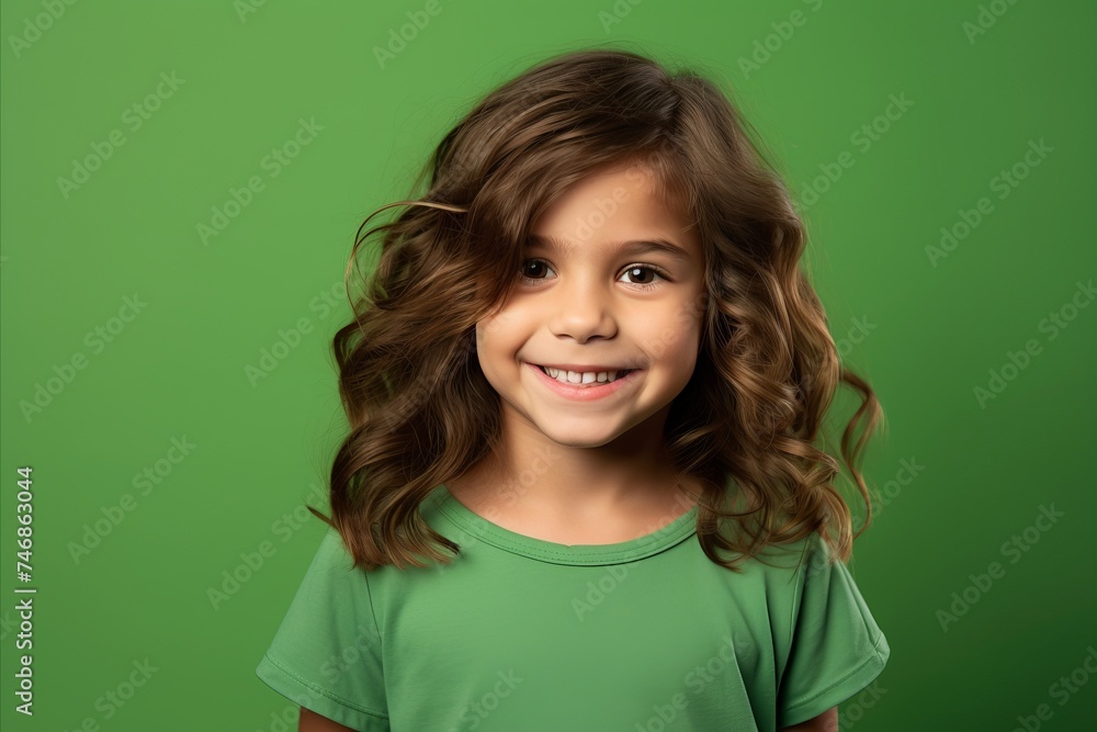 smiling little girl with long curly hair looking at camera on green background smiling little girl with long curly hair looking at camera on green background