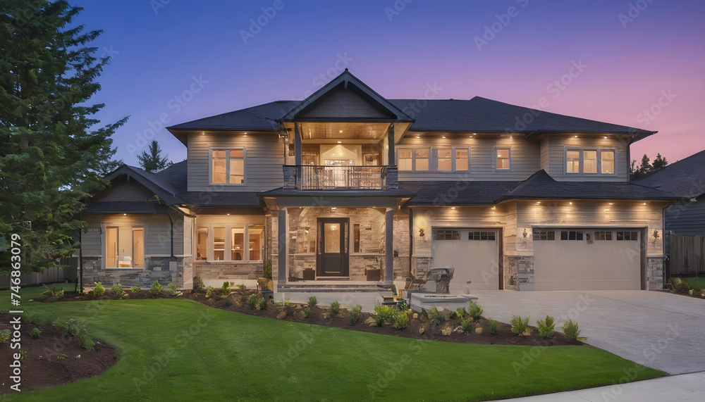 Beautiful exterior of newly built luxury home with yard with green grass and twilight sky - obrazy, fototapety, plakaty 