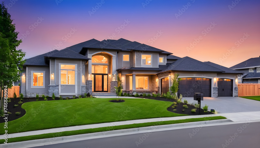 Obraz premium Beautiful exterior of newly built luxury home with yard with green grass and twilight sky