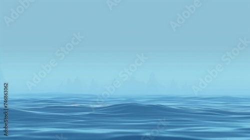 Misty Ocean Horizon: Serene Blue Water Surface with Distant Mountains and Fog