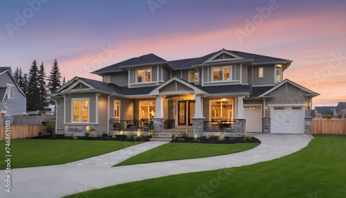 Beautiful exterior of newly built luxury home with yard with green grass and twilight sky © JL Designs