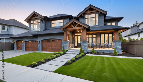 Beautiful exterior of newly built luxury home with yard with green grass and blue sky