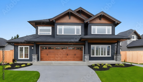 Beautiful exterior of newly built luxury home with yard with green grass and blue sky