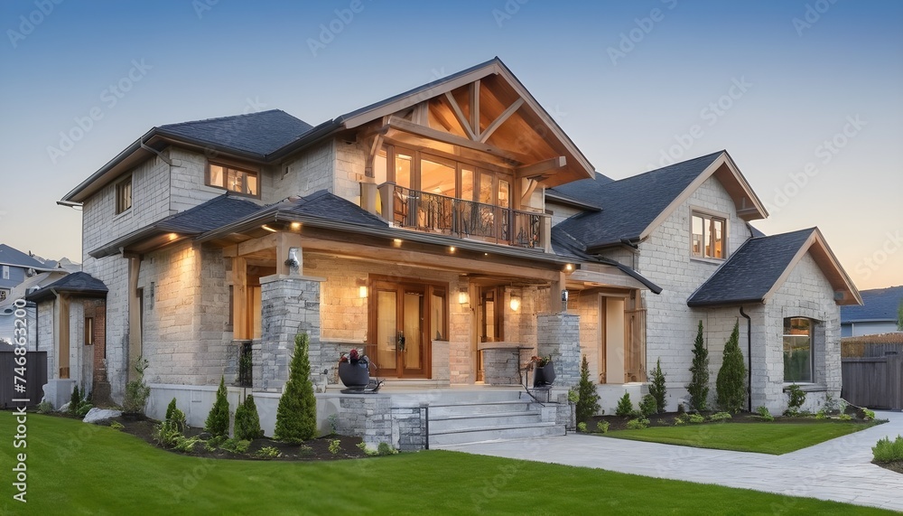 Beautiful exterior of newly built luxury home with yard with green grass and twilight sky - obrazy, fototapety, plakaty 