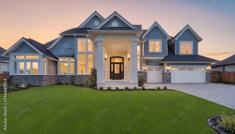 Beautiful exterior of newly built luxury home with yard with green grass and twilight sky