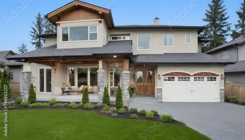 Beautiful exterior of newly built luxury home with yard with green grass and blue sky © JL Designs