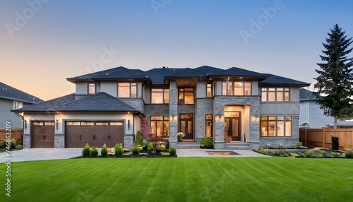 Beautiful exterior of newly built luxury home with yard with green grass and blue sky
