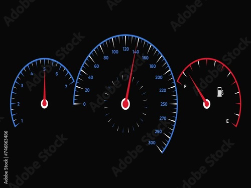 4k animation of car dashboard speedometer gauges on black background. spedometer or odometer motion business graphic design