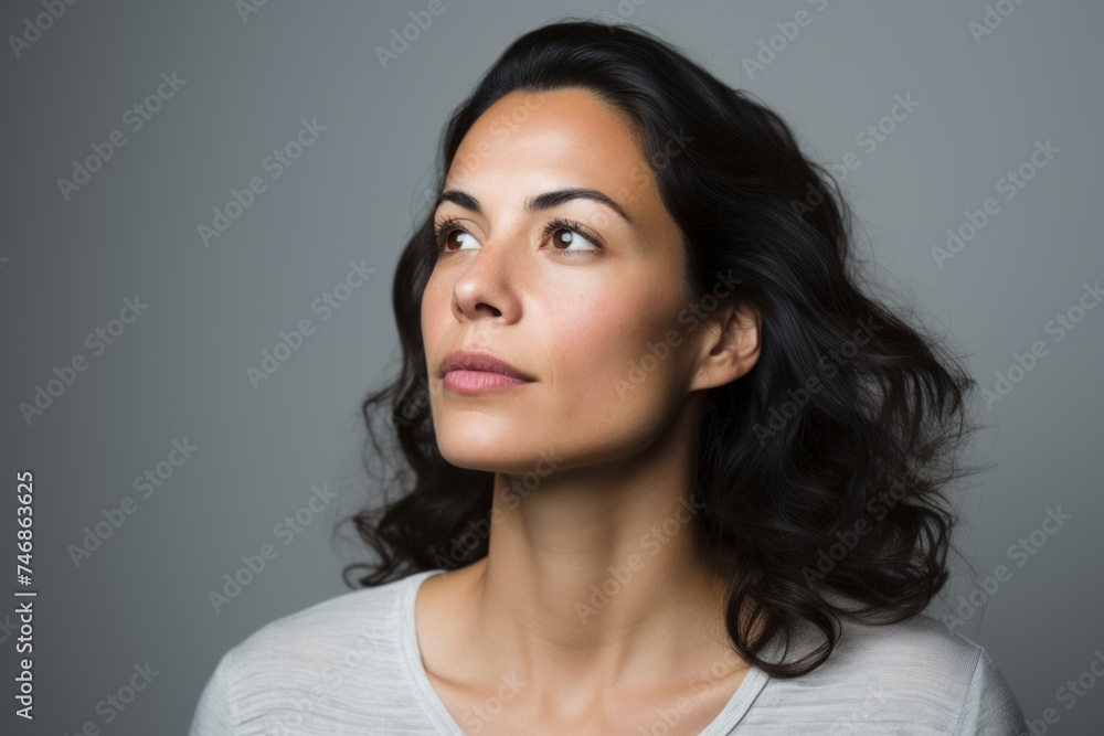 Portrait of a beautiful woman looking up on a gray background. Portrait of a beautiful woman looking up on a gray background.
