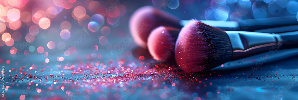 Make up cosmetic brushes with colorful shadows explosion on black background. skin care or fashion concept.
 - obrazy, fototapety, plakaty 