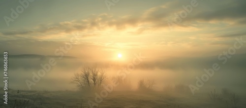 Serene Beauty: Misty Sunrise Casting Reflections on a Tranquil Lake
