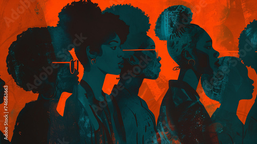 silhouette of black women with afros being held up in front of a burnt orange background