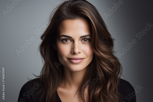 Portrait of beautiful young woman with long brown hair, studio shot