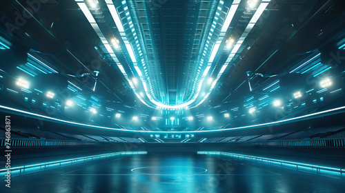 Future Sports Arena Set with High-Tech Equipment, Cybernetic Athletes, and Spectacular Stadium. Concept of Extreme Sports and Future Entertainment.