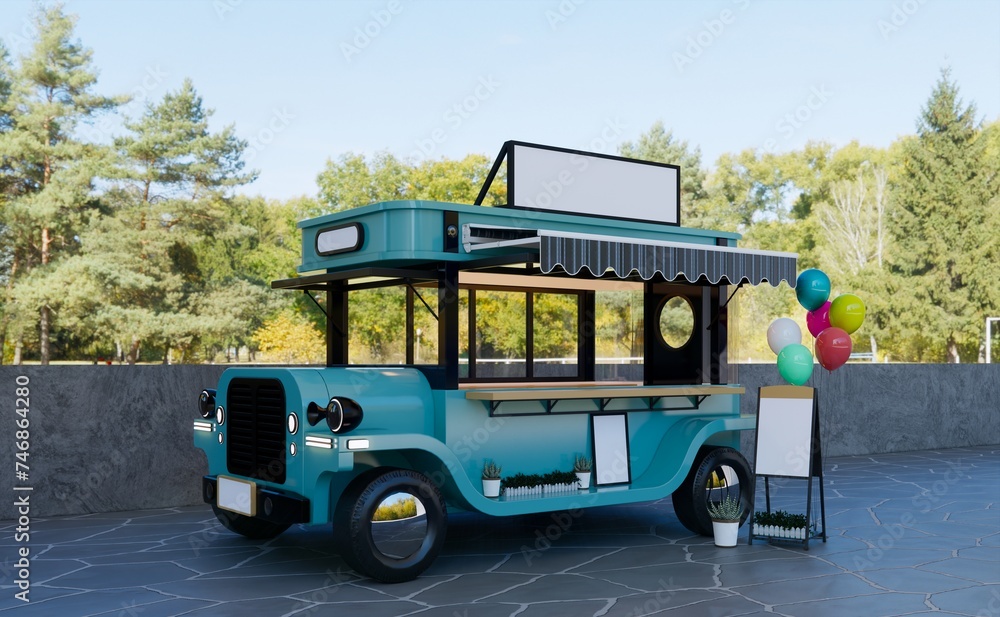 Obraz premium Vintage style Fast Food Vehicle. Catering Cart with empty menu board. 3d rendering