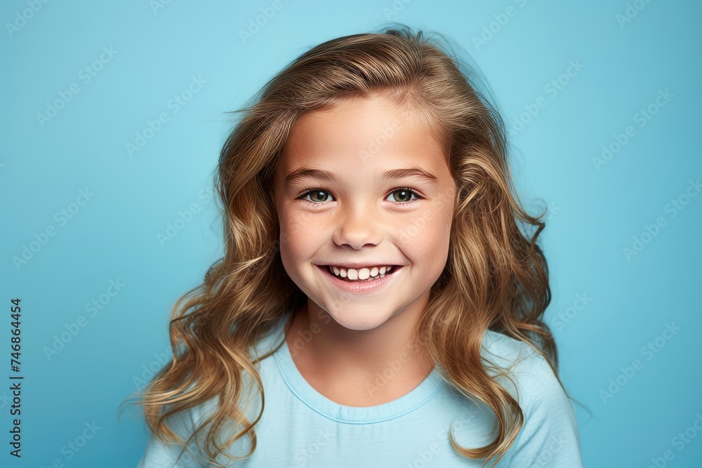 Portrait of a smiling little girl with blond hair on blue background Portrait of a smiling little girl with blond hair on blue background