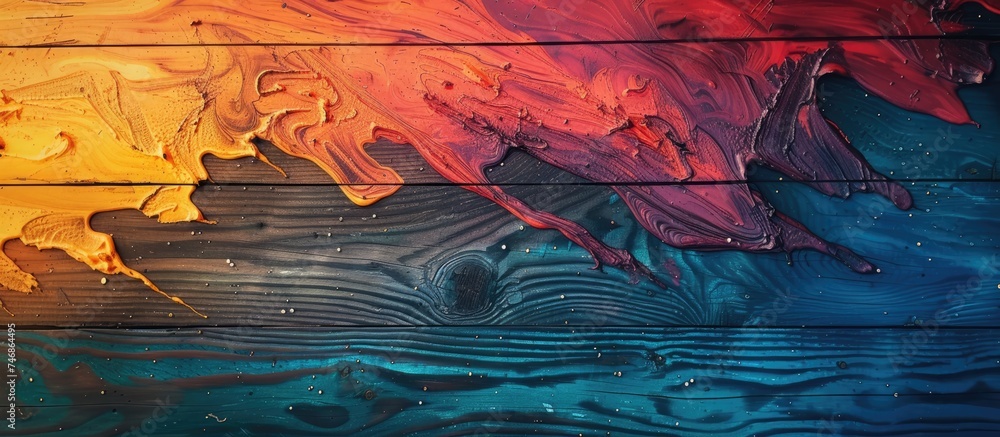 A close-up view of a wooden surface with colorful ceramic paint applied, creating a striking design before it gets burned. The vibrant colors and textures of the paint add depth and character to the