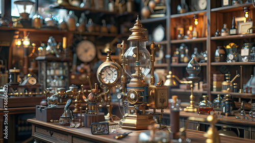 Time Travel Laboratory Set with Vintage Time Machines, Steampunk Gadgets, and Historical Artifacts. Concept of Time Travel Adventures