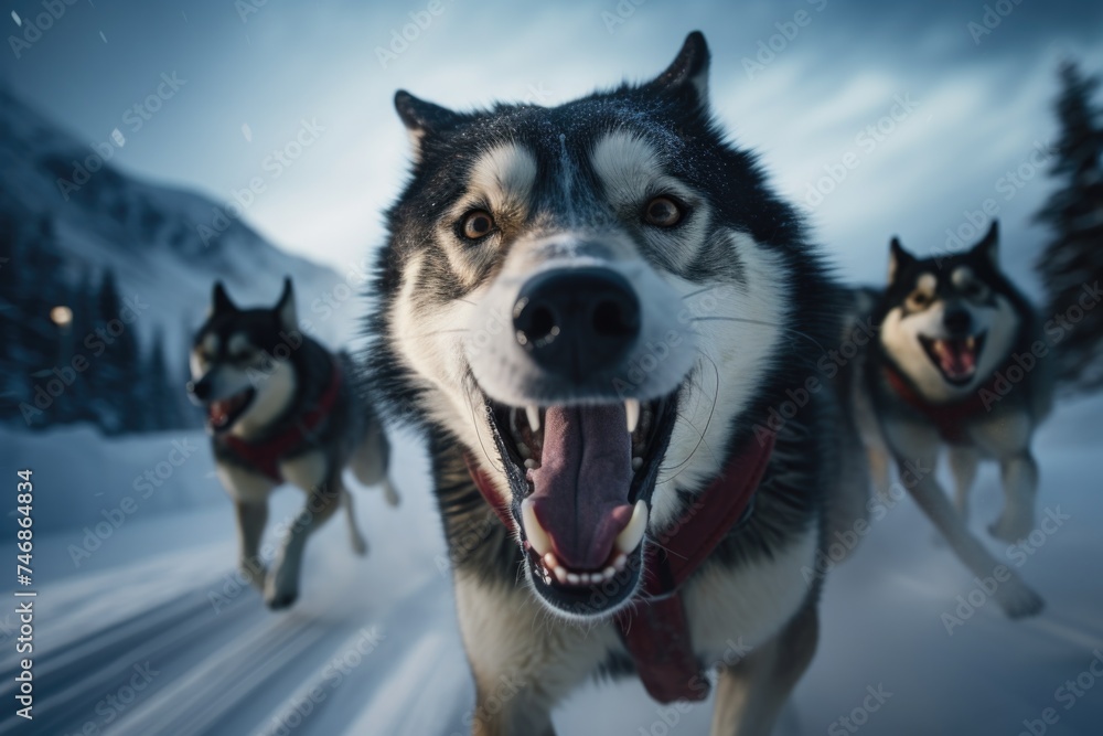 Frozen journey, person with sled of dogs traverses snowy antarctica, an epic adventure through icy landscapes with loyal canine companions, exploring the remote and pristine wildernes Frozen journey, person with sled of dogs traverses snowy antarctica, an epic adventure through icy landscapes with loyal canine companions, exploring the remote and pristine wildernes