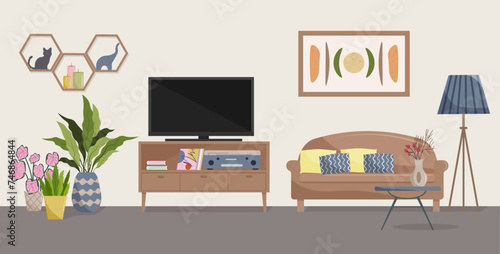 Living room interior with sofas and TV. Side table and floor lamp, personal accessories coffee table with vase, painting and plants. Vector flat illustration.