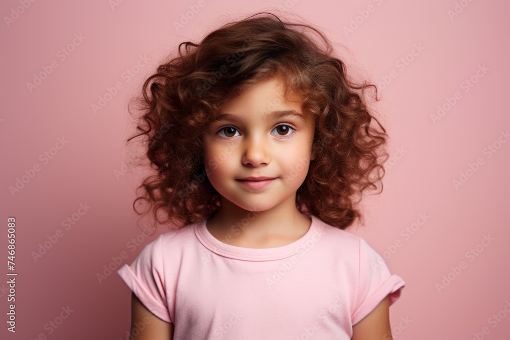 Portrait of a cute little girl with curly hair over pink background. Portrait of a cute little girl with curly hair over pink background.
