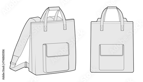 Convertible backpack silhouette tote bag with pocket. Fashion accessory technical illustration. Vector schoolbag front 3-4 view for Men, women, unisex style, flat handbag CAD mockup outline isolated