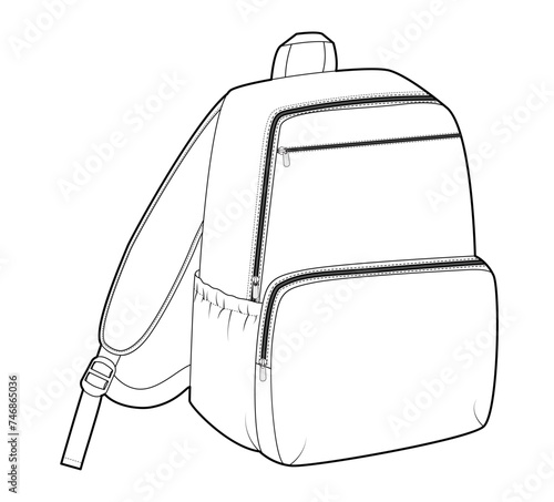 School Bag backpack silhouette bag. Fashion accessory technical illustration. Vector schoolbag 3-4 view for Men, women, unisex style, flat handbag CAD mockup sketch outline isolated