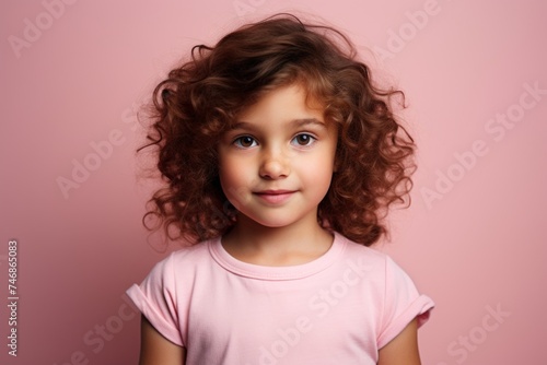 Portrait of a cute little girl with curly hair over pink background.